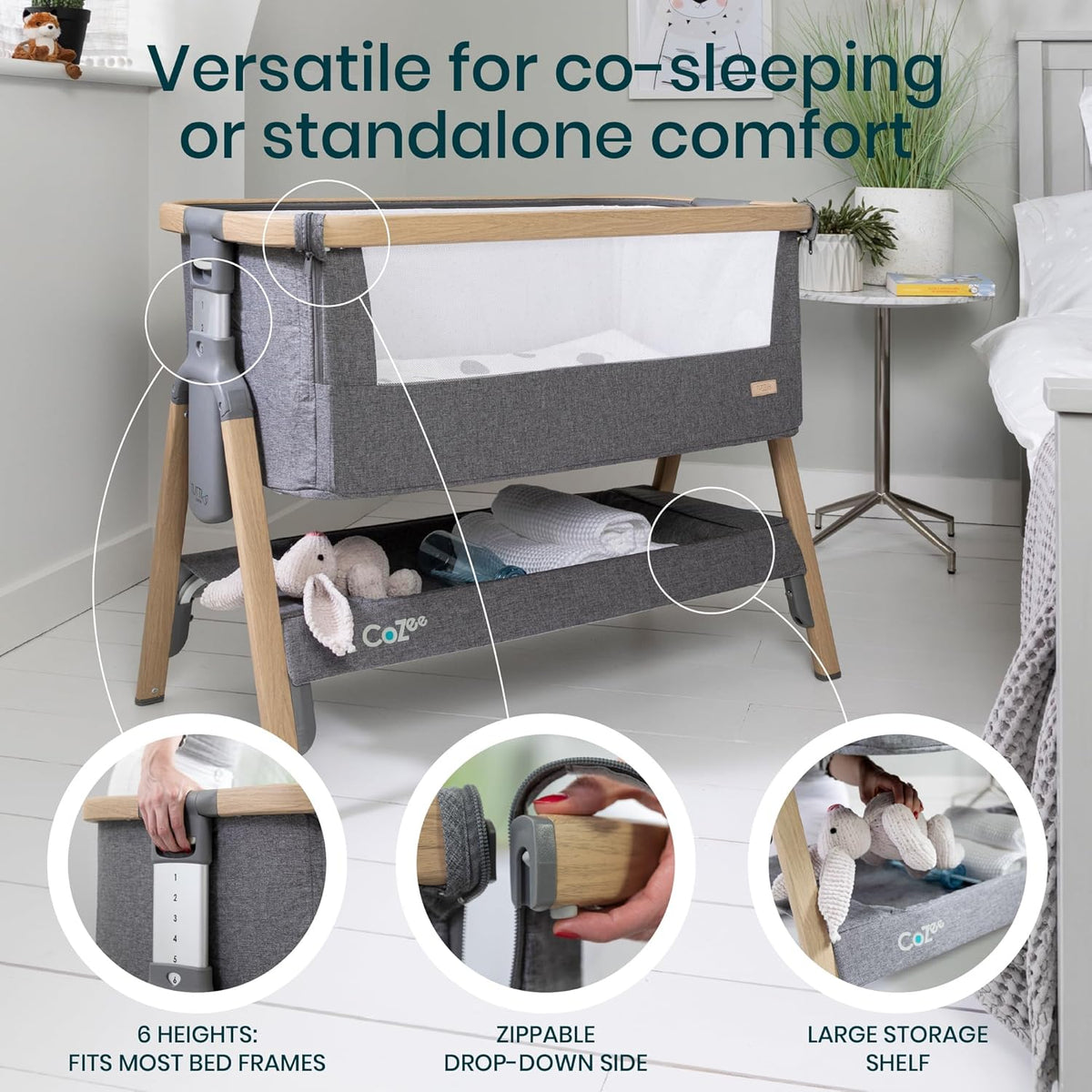 CoZee® 2-in-1 Baby Bassinet & Bedside Sleeper - Fast-Folding Bedside Bassinet, Baby Crib with 6