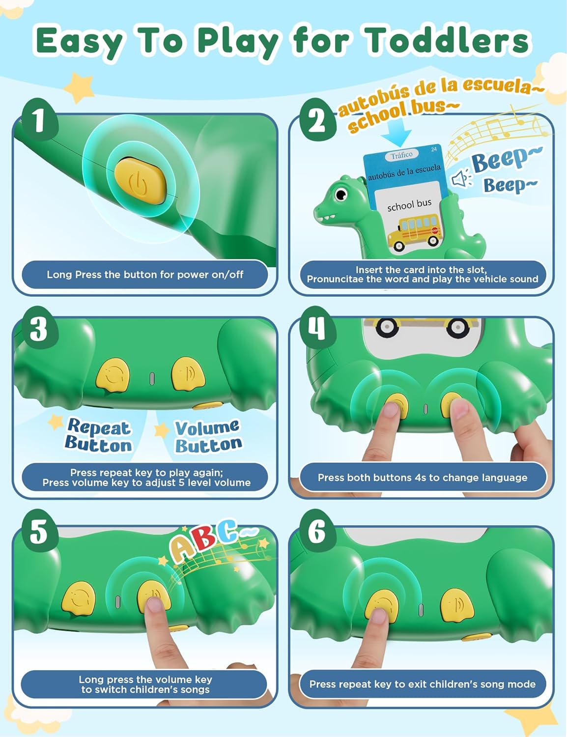 Spanish and English Talking Flash Cards for Toddlers with 510 Sight Words, Dinosaur Shaped