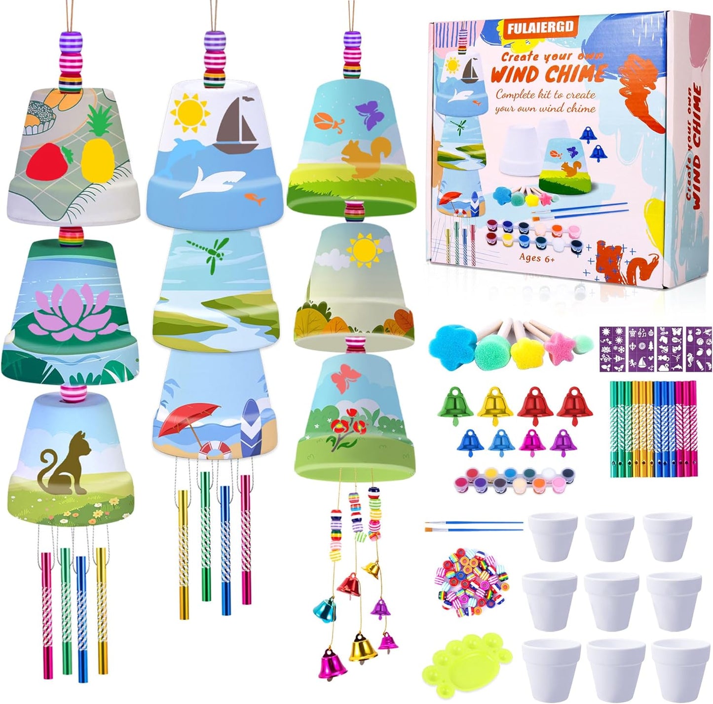 FULAIERGD 3 Pack Wind Chime Making Kit for Kids- Wind Chime Craft Painting Kit-Ceramic Pot, Bells
