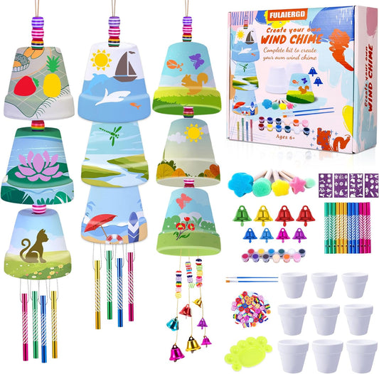 FULAIERGD 3 Pack Wind Chime Making Kit for Kids- Wind Chime Craft Painting Kit-Ceramic Pot, Bells