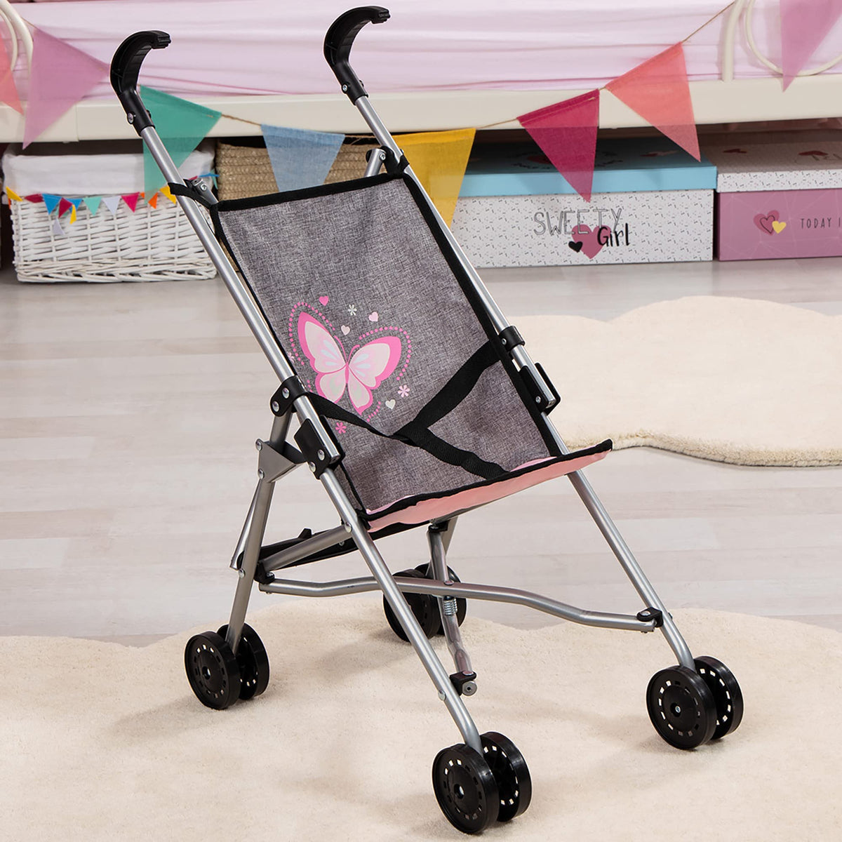 Bayer Doll Umbrella Stroller, Foldable Toy Buggy for 18 Inch Dolls, Grey