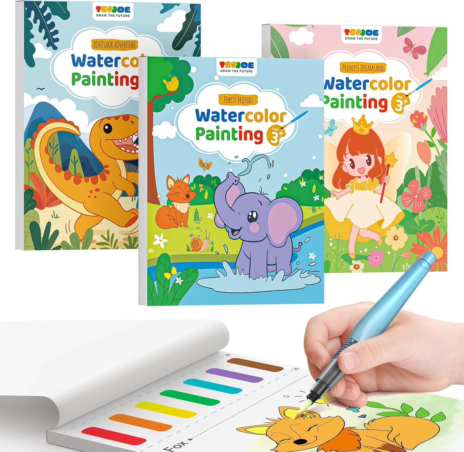 TECJOE 3 Pack Paint With Water Coloring Books for Toddlers, Watercolor Paint Set with 6 Brushes