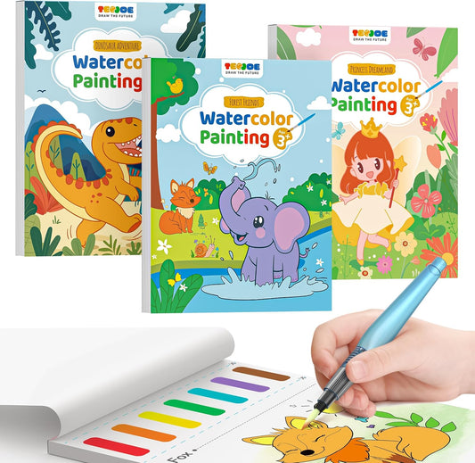 TECJOE 3 Pack Paint With Water Coloring Books for Toddlers, Watercolor Paint Set with 6 Brushes