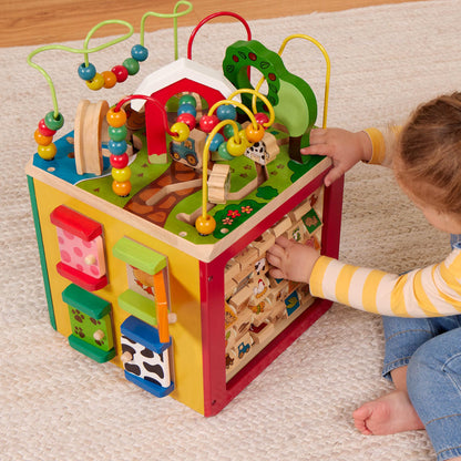 Battat Wooden Activity Cube - 5-Sided Play Center with Bead Maze, Doors
