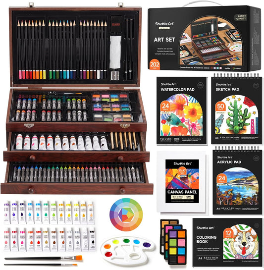 Shuttle Art Deluxe Gift Art Kit, 202-Piece Wooden Art Supplies Set with 4 Drawing Pads, Canvases
