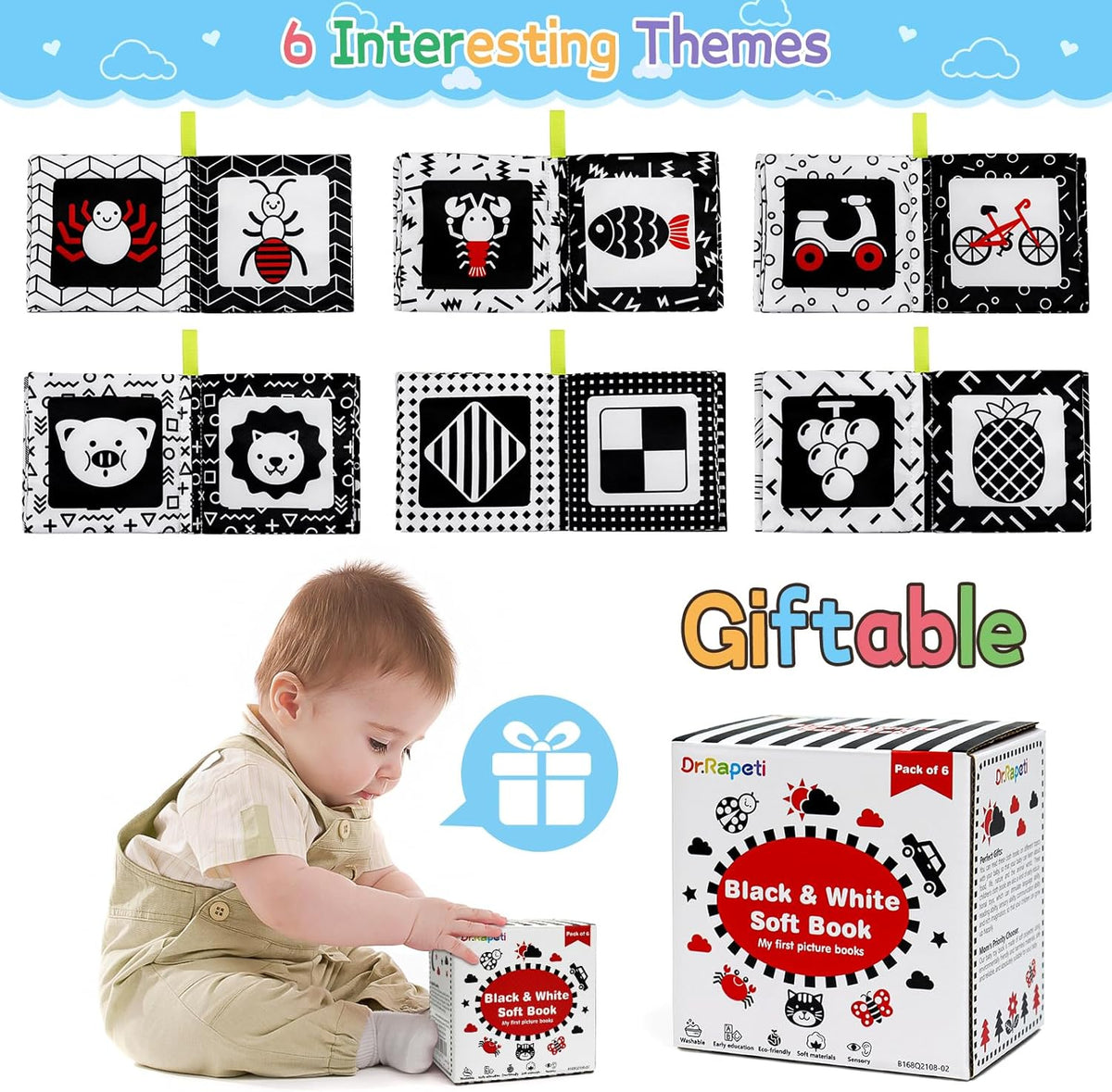Dr.Rapeti Soft Cloth Books Baby Books Bath Books 6-Pack for Baby Infant Toddler Kids High Contrast