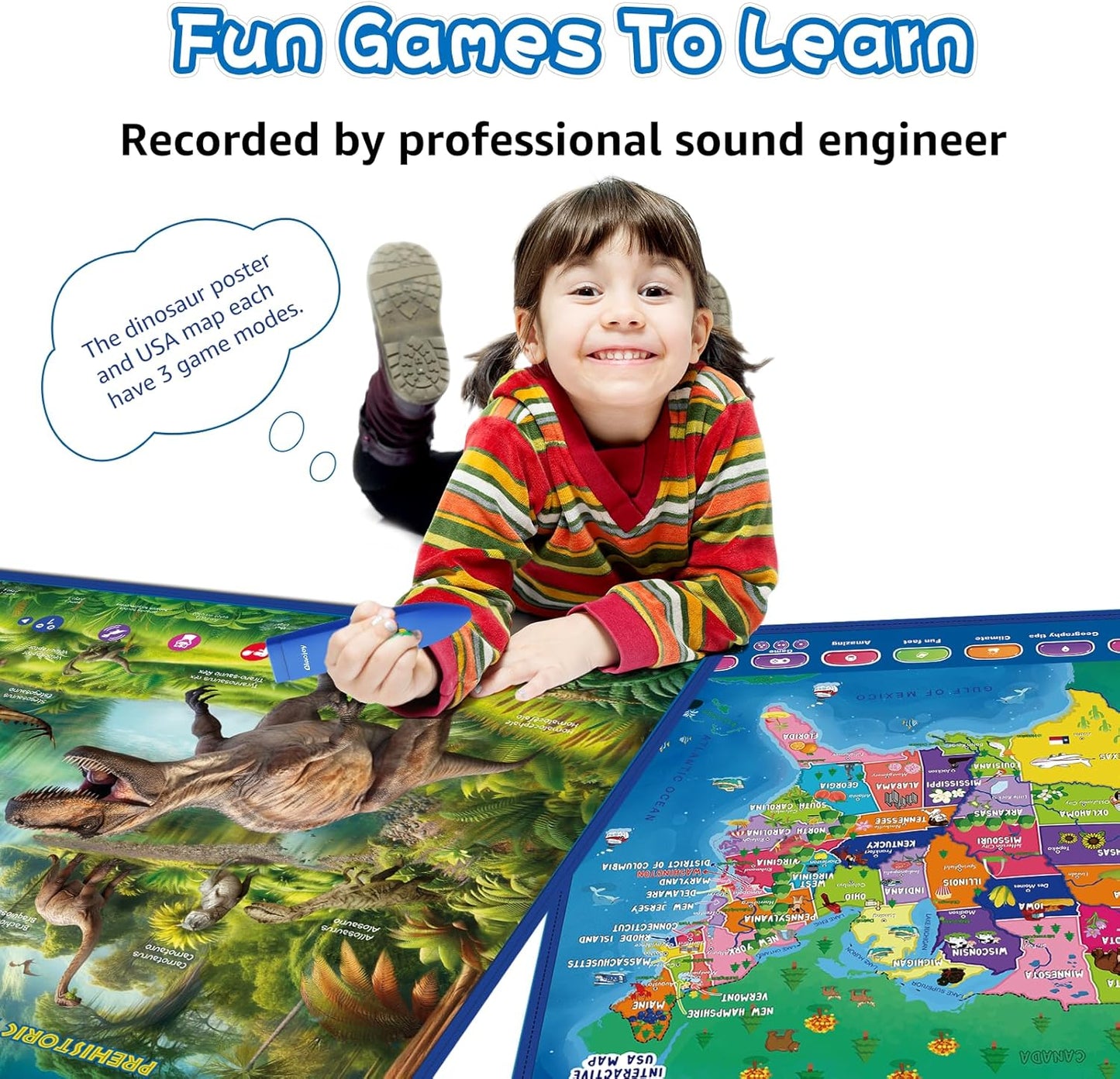 Bilingual Interactive for Kids Talking USA Map Dinosaur Poster for Kids Learning and Educational