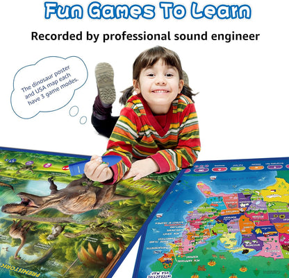 Bilingual Interactive for Kids Talking USA Map Dinosaur Poster for Kids Learning and Educational