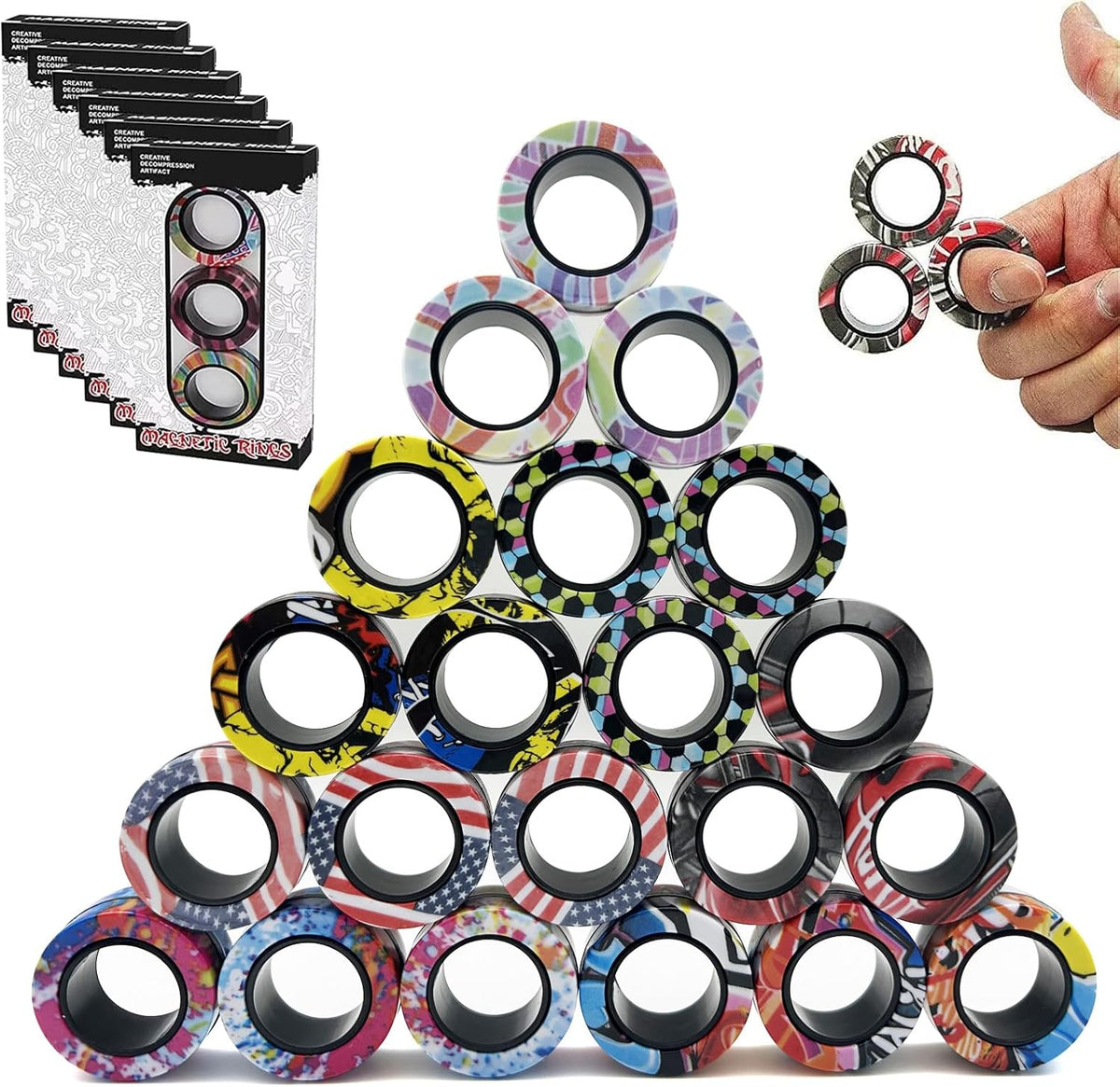 24Pcs Magnetic Rings Fidget Toys Spinner Set,Finger Magnet Rings Endless Hours of Fun ADHD Stress