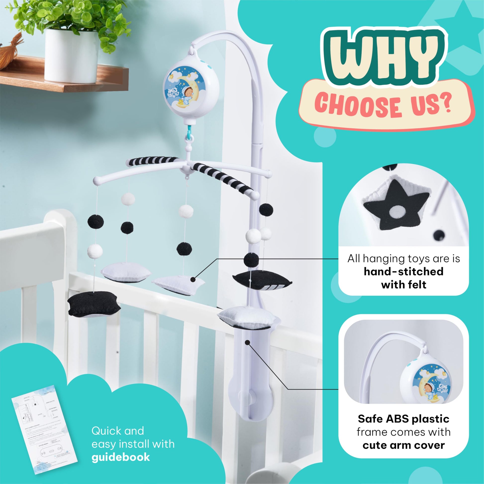 Montessori Mobile Baby for Crib (TINITIGIES) - Black and White Mobile Give Visual Stimulation to