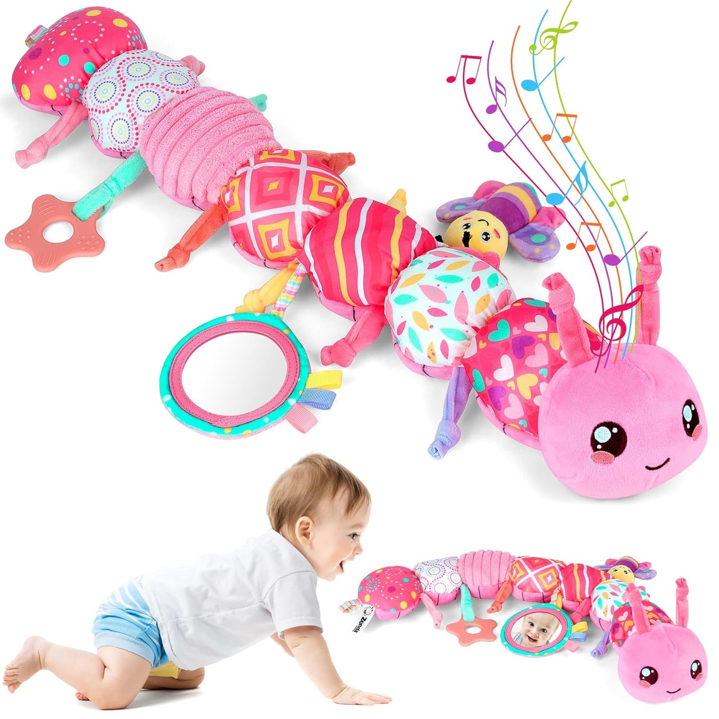 Baby Girls Toys 6-12 Months - Infant 6-in-1 Sensory Music Animal Stuffed Caterpillar Toy with