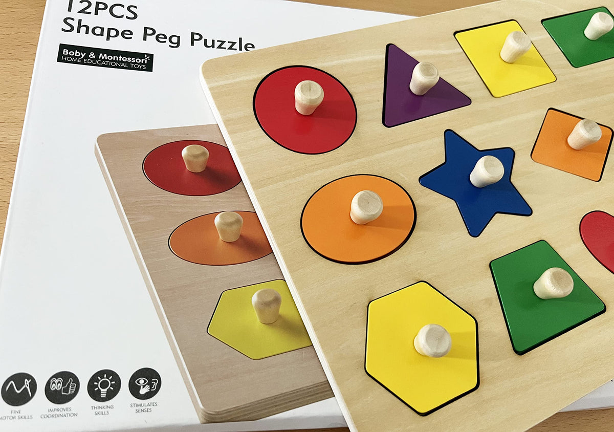 Dailyfunn Montessori Toy Shape Peg Puzzles Baby Puzzle 12-18-24 Months with Knob for