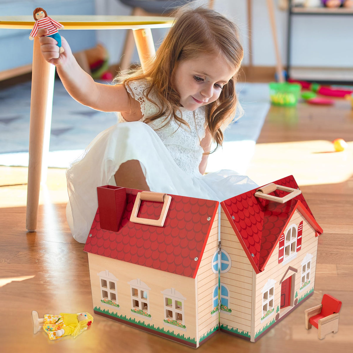 WOODMAM Foldable Wooden Dollhouse with Furniture for Pretend Play