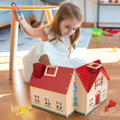 WOODMAM Foldable Wooden Dollhouse with Furniture for Pretend Play