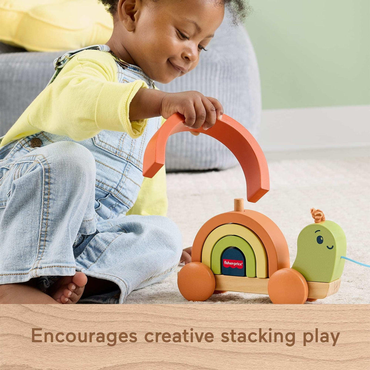 Fisher-Price Wood Toddler Toy Pull-Along Stacking Snail, Tiny Garden 6-Piece Wooden Activity for
