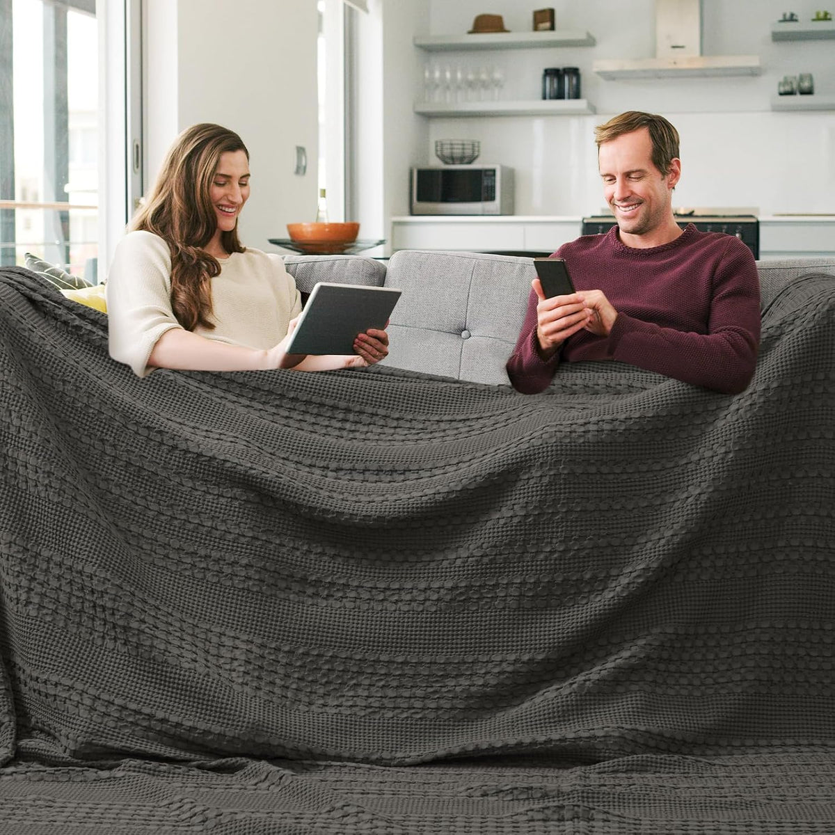 PHF 100% Cotton Waffle Blanket Oversized King 120"x120", Lightweight Breathable Extra Large 10'x10'