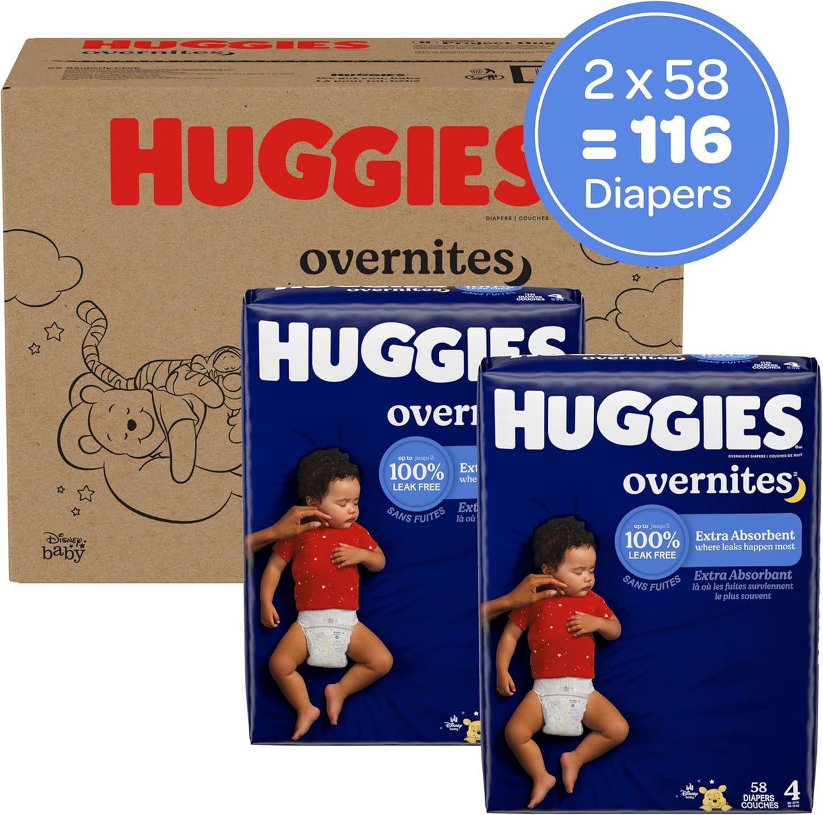 Huggies Size 4 Overnites Baby Diapers: Overnight Diapers, Size 4 (22-37 lbs), 116 Ct (2 Packs of