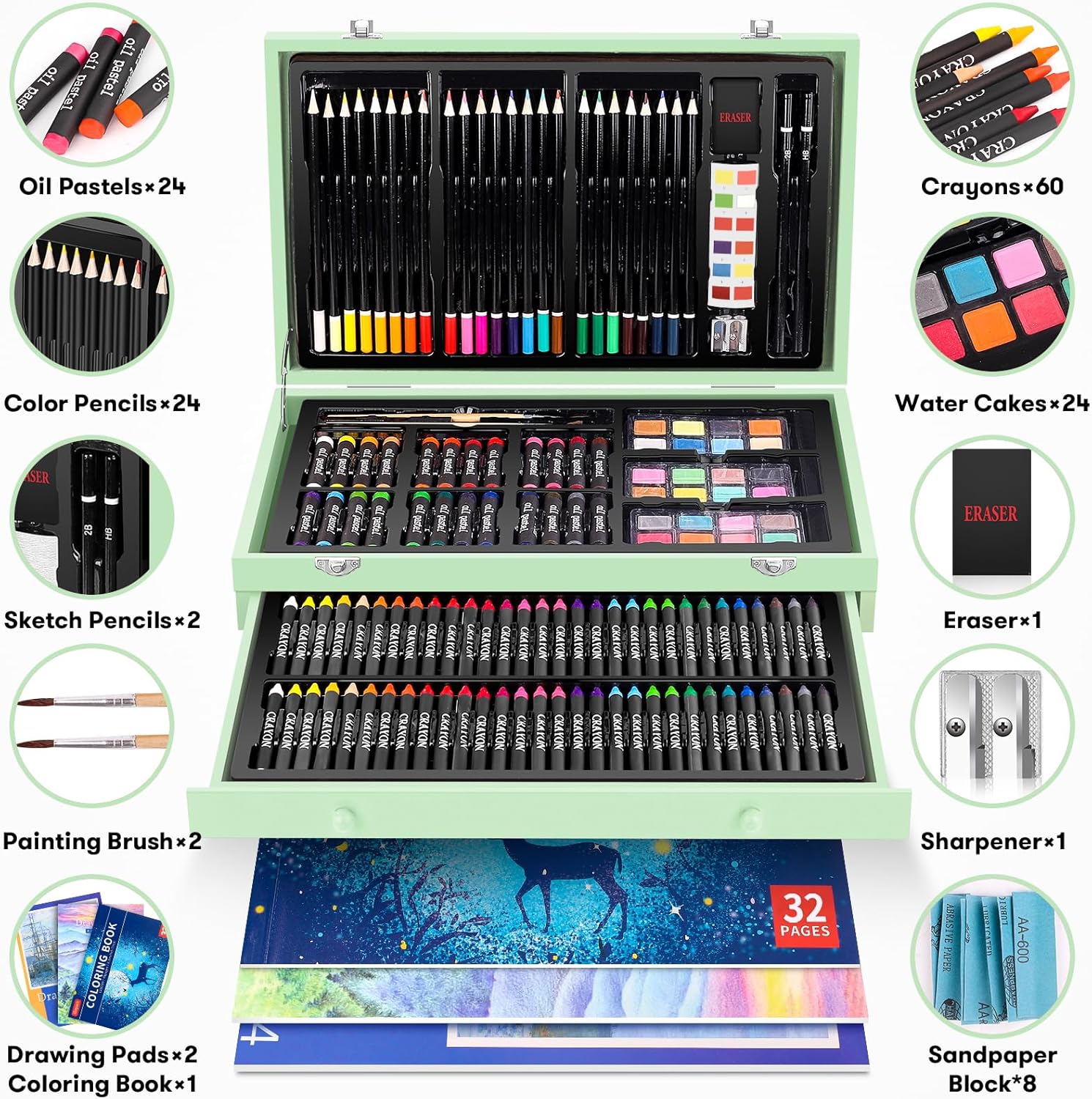 iBayam Art Supplies, 150-Pack Deluxe Wooden Art Set Crafts Drawing Painting Kit with 1 Coloring