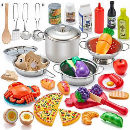 Kidsciety Pretend Play Kitchen Accessories, 52pc Kids Kitchen Playset with Play Food, Stainless