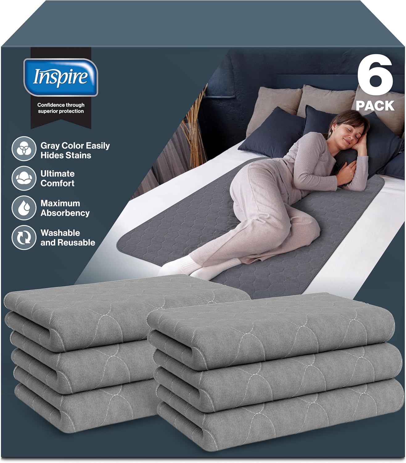 Inspire Underpads | Stain Hiding Gray Reusable Incontinence Bed Pads | Waterproof Mattress Pad |