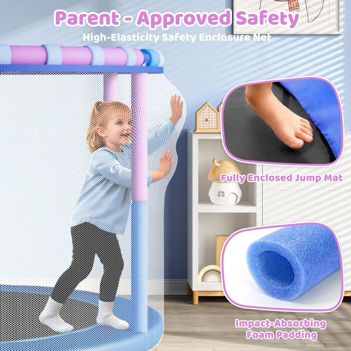 Yohood 55" Trampoline for Kids with Enclosure, 6-in-1 Toddler Trampoline Indoor Outdoor, ASTM