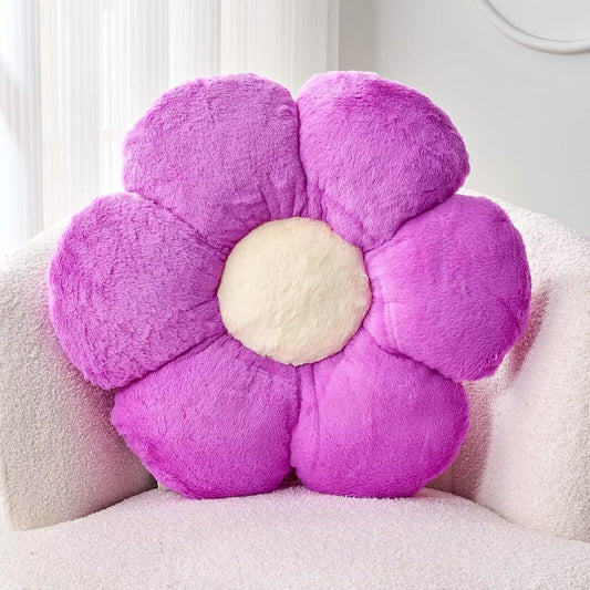 Purple Flower Plush Throw Pillow, Cute Decorative Flower Shaped with Faux Rabbit Fur, 19.6" Soft