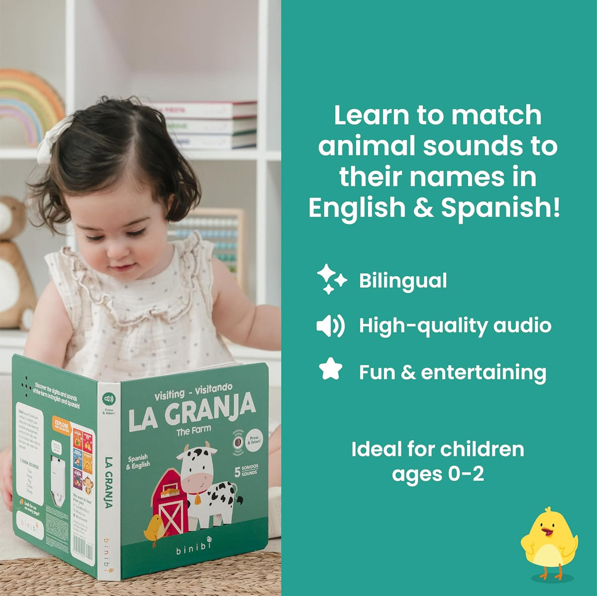 Binibi Spanish Books for Babies & Toddlers 1-3 La Granja Interactive Bilingual Sound Book with Farm