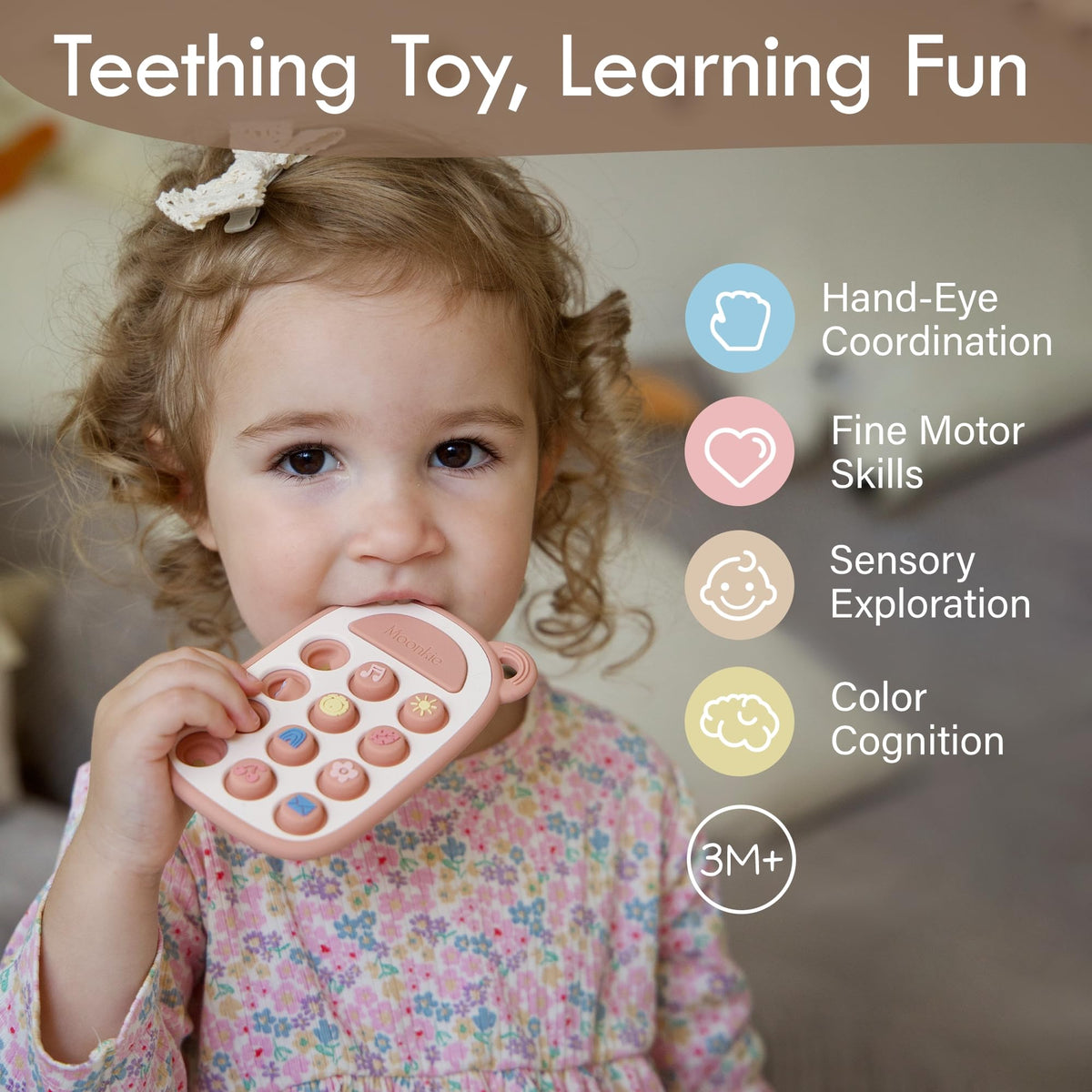Moonkie Silicone Press Phone Teething Toy for Baby 3 Months+ | Soft BPA-Free Teether with Icon &