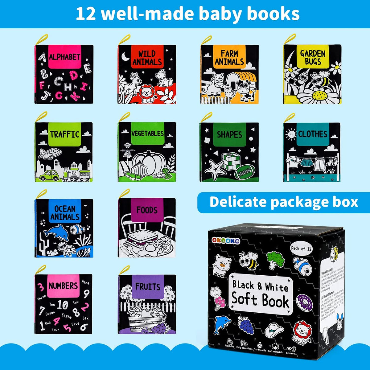 OKOOKO Soft Baby Books Black and White High Contrast 12PCS Soft Cloth Books Bath Books Crinkle