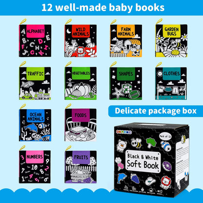 OKOOKO Soft Baby Books Black and White High Contrast 12PCS Soft Cloth Books Bath Books Crinkle