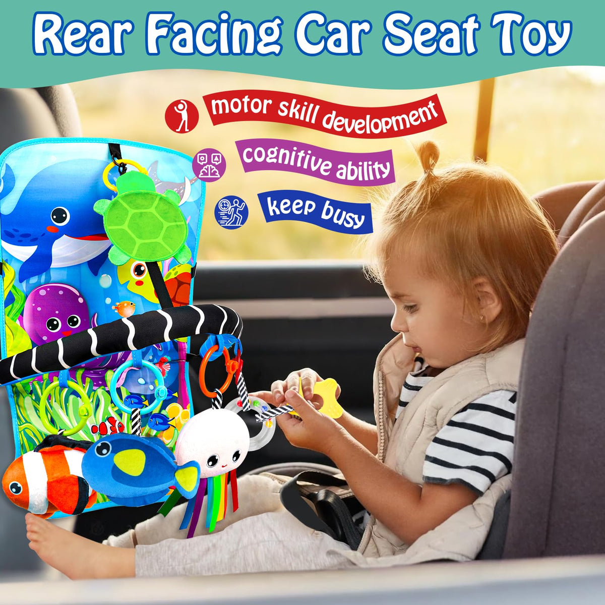 Innofans Baby Car Seat Ocean Animals Toys - Kick and Play Double Sided Infant Car Seat Toys with