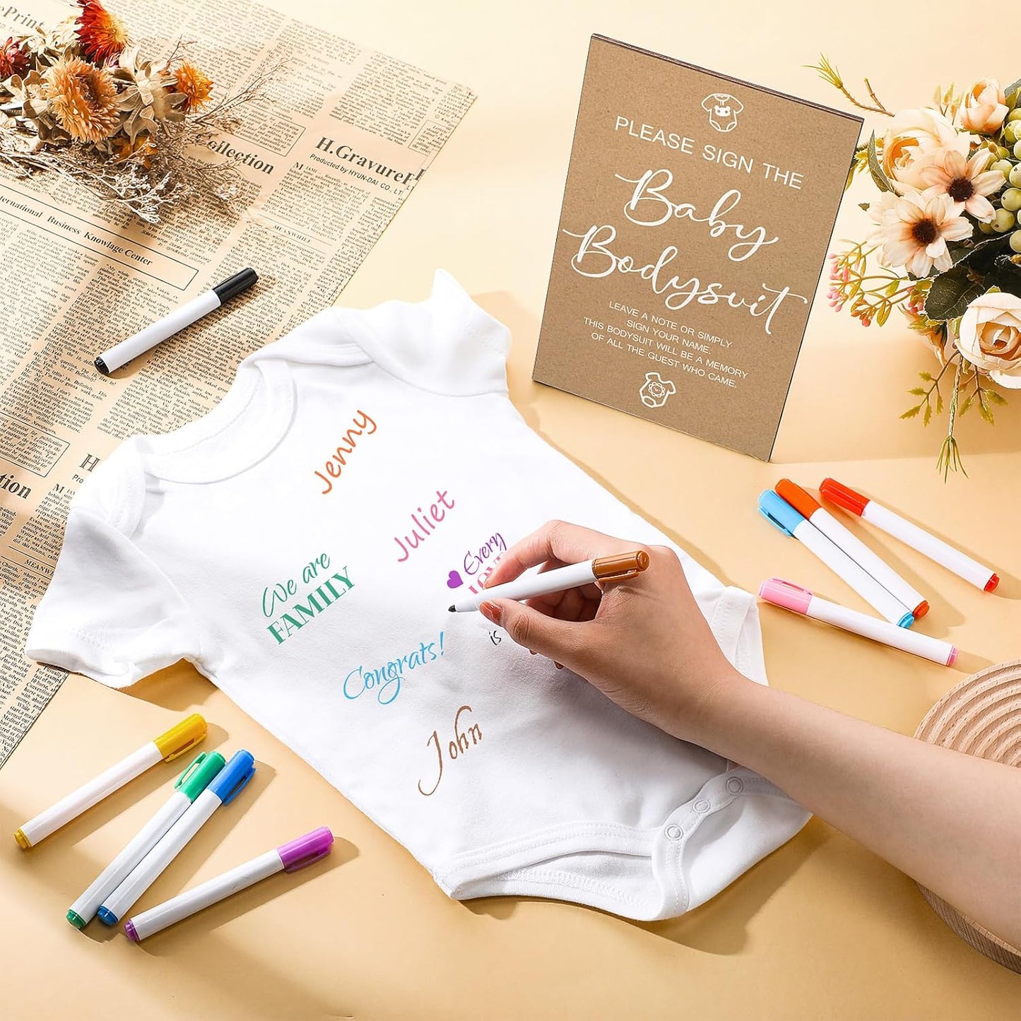 Qunclay 12 Pcs Baby Bodysuit Baby Shower Game Include 1 Game Wooden Sign Tabletop Decor 1 White