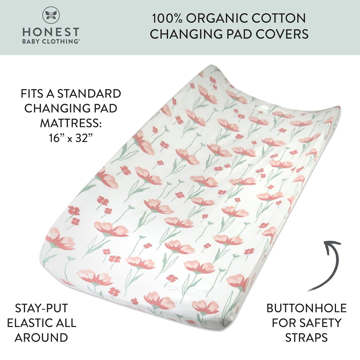 HonestBaby Organic Cotton Changing Pad Cover, Strawberry Pink Floral, One Size