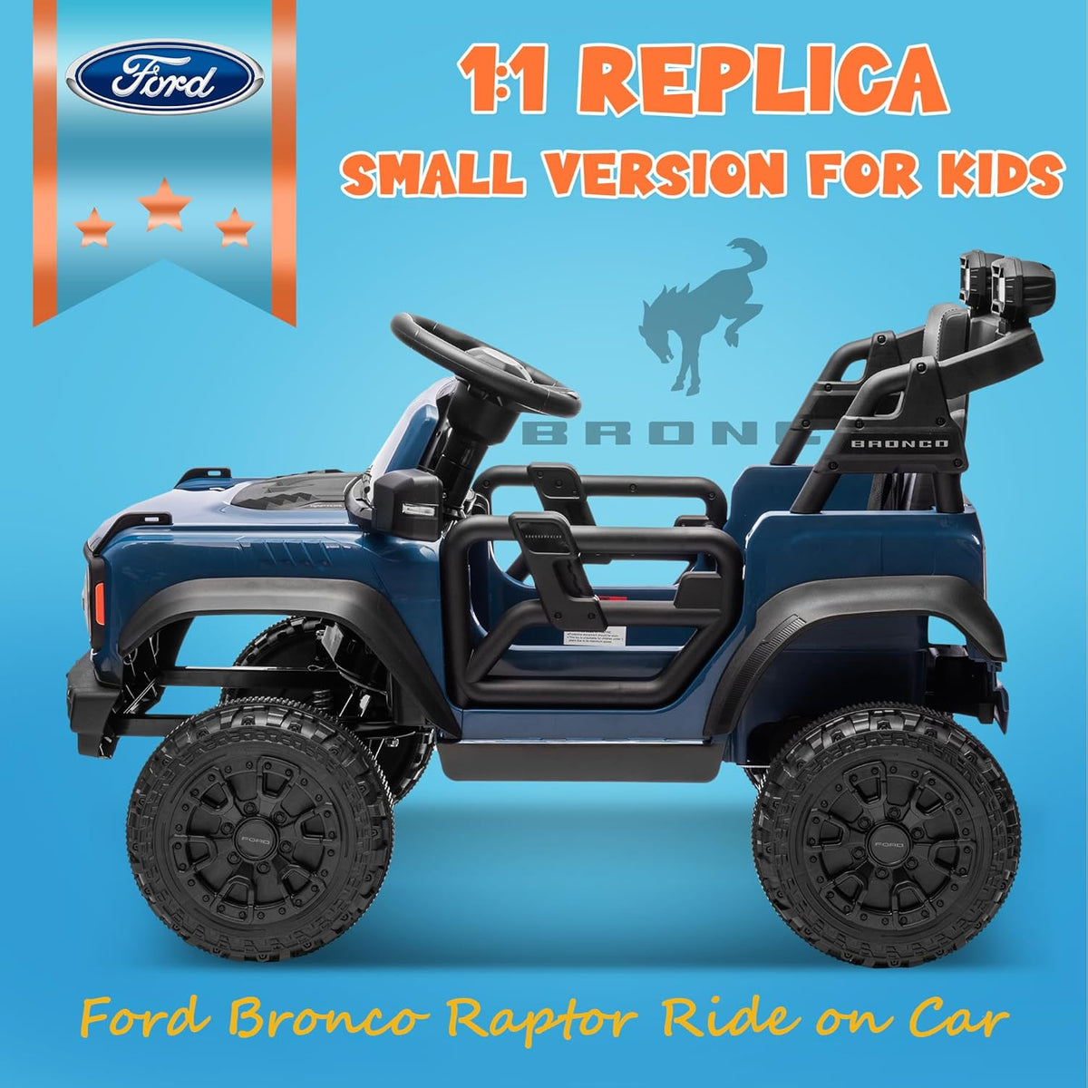ENYOPRO Licensed Ford Bronco Raptor Electric Ride On Jeep for Kids, 12V Remote Control Ride On Car