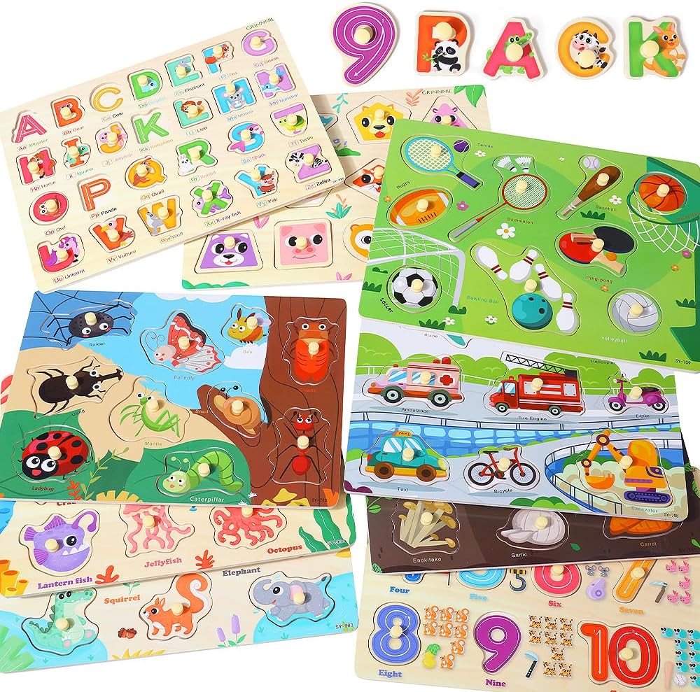 GRINNNIE 9 Pack Montessori Toddler Puzzle for 3 4 5 Years Old, Wooden Learning Puzzle for Toddlers