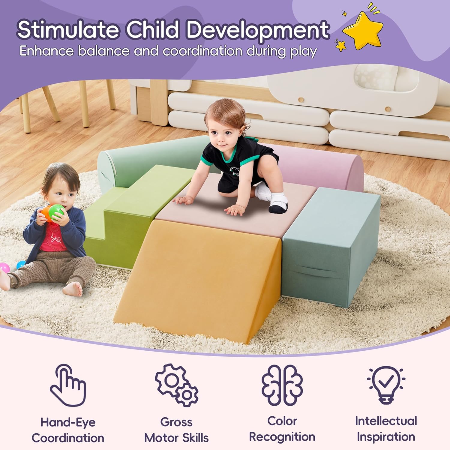 6 Piece Foam Climbing Blocks for Toddlers, Baby Climbing Gym with Ultra High Density Foam for
