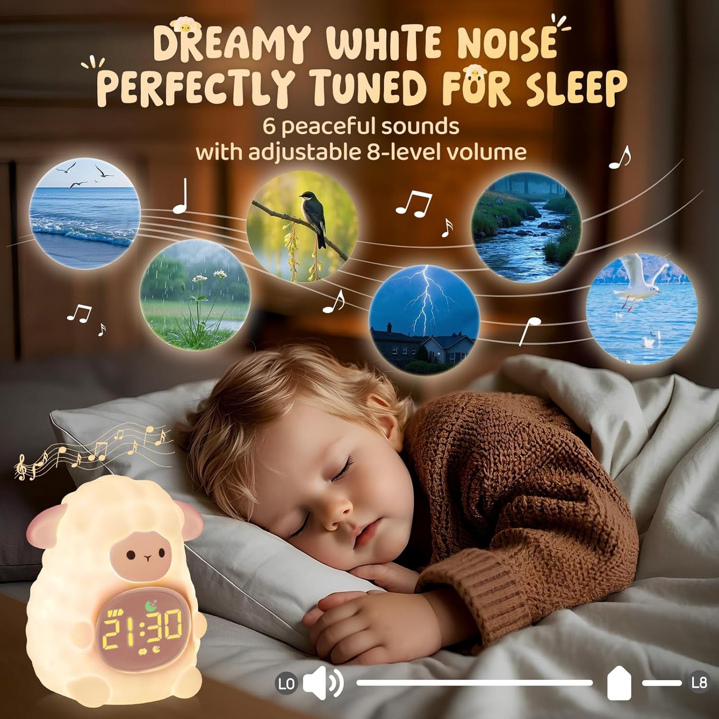 Sheep Alarm Clock with Night Light for Kids with Sleep Training and Sound Machine, Rechargeable