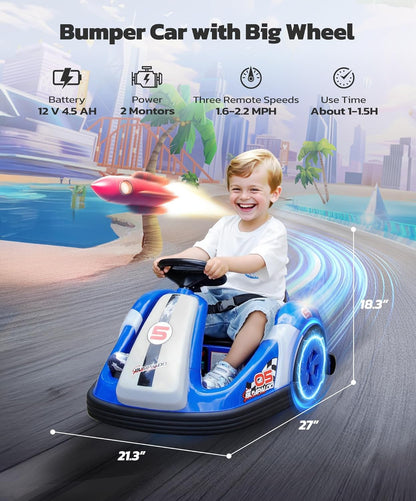 ELEMARA 12V Kids Bumper Car with Big Wheel, 2.2 Mph Max, Toddler Bumper Cars with Remote, Baby