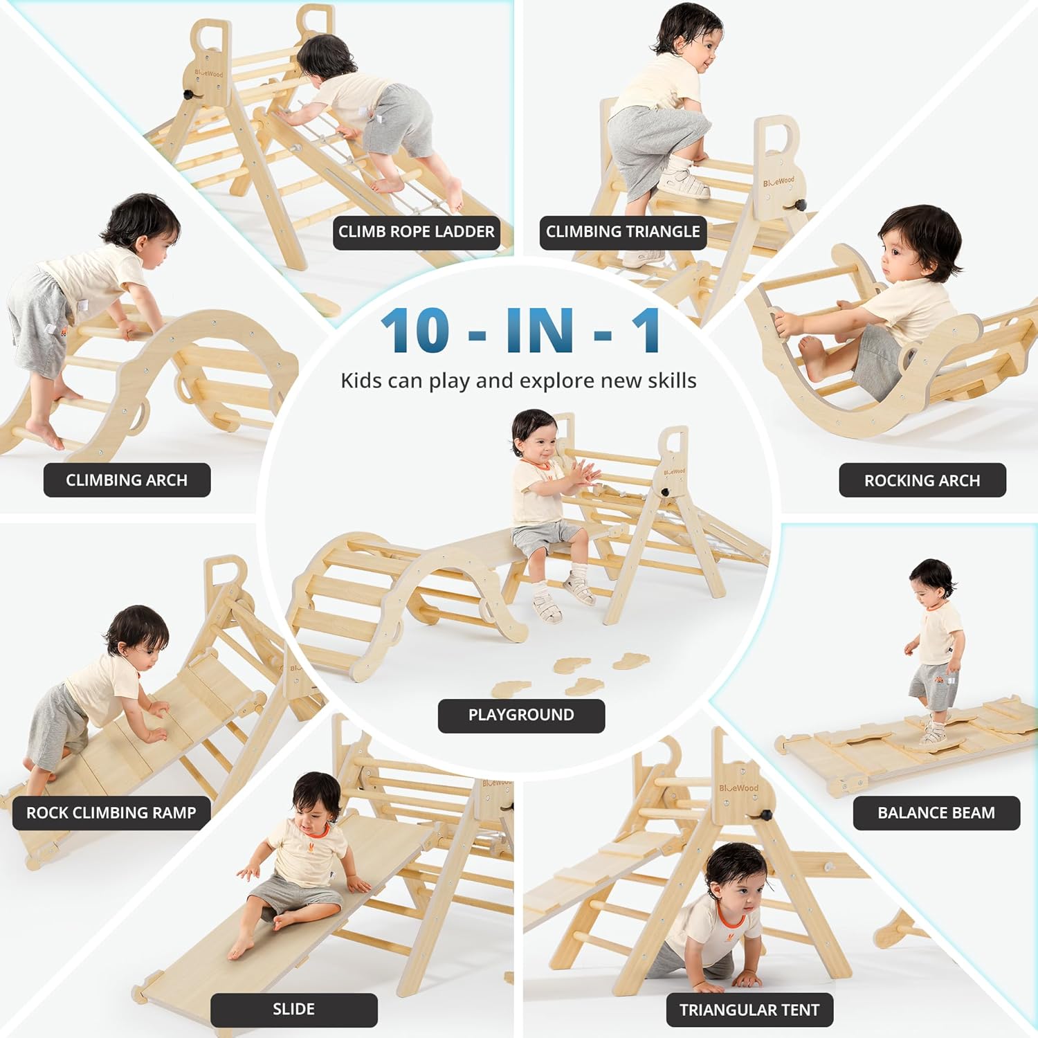 BlueWood 10-in-1 Pikler Triangle Set, Toddler Climbing Toys Indoor, Montessori Climber, Baby Jungle