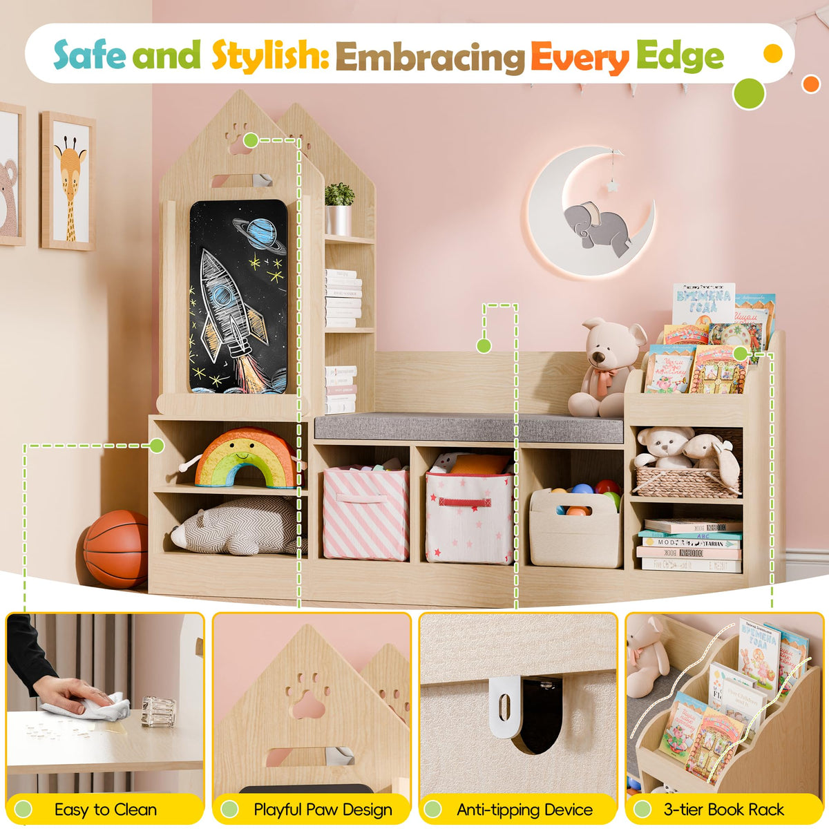 MU Kids Bookshelf with Reading Nook, Wooden Toy Storage Organizer with Chalkboard and Bench, Kids