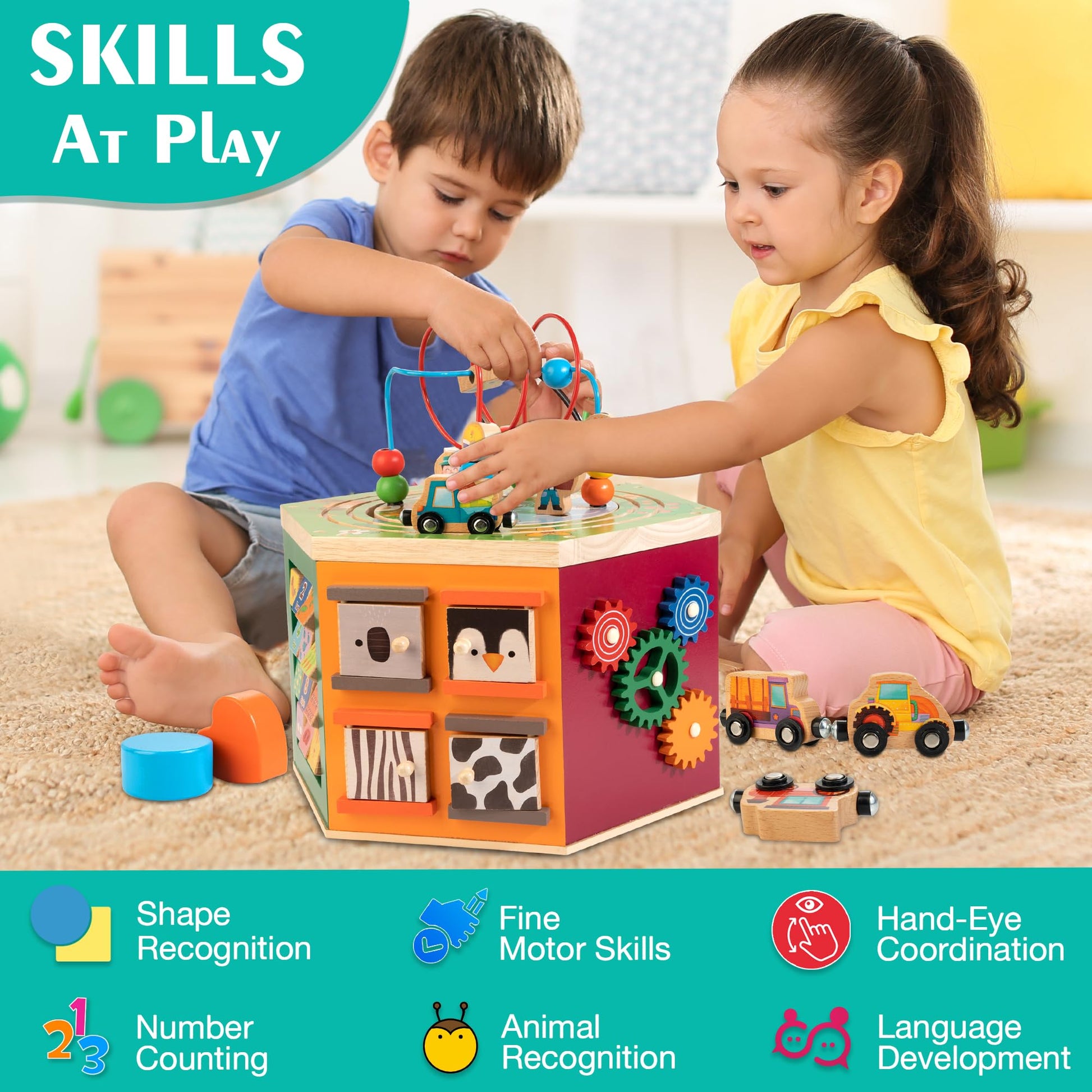 WOODMAM Large Activity Cube, Multipurpose Montessori Toy for 1-2 Year Old