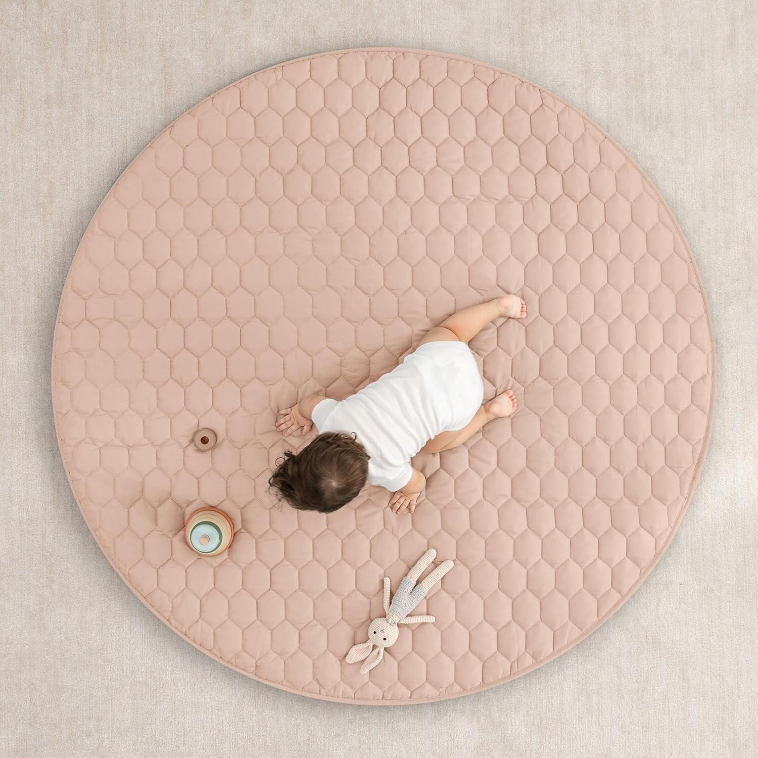 Comfy Cubs Round Kids Play Mat - Large 60 inches Soft Quilted Baby Floor Mat with Non-Slip Bottom