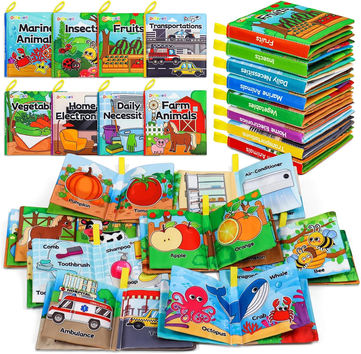 Dr.Rapeti Soft Cloth Books Baby Books Bath Books 8-Pack for Baby Infant Toddler Kid Crinkle