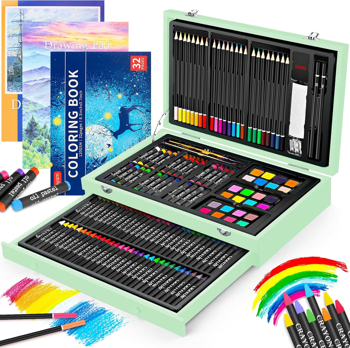 iBayam Art Supplies, 150-Pack Deluxe Wooden Art Set Crafts Drawing Painting Kit with 1 Coloring