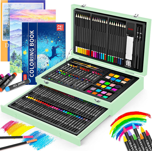iBayam Art Supplies, 150-Pack Deluxe Wooden Art Set Crafts Drawing Painting Kit with 1 Coloring