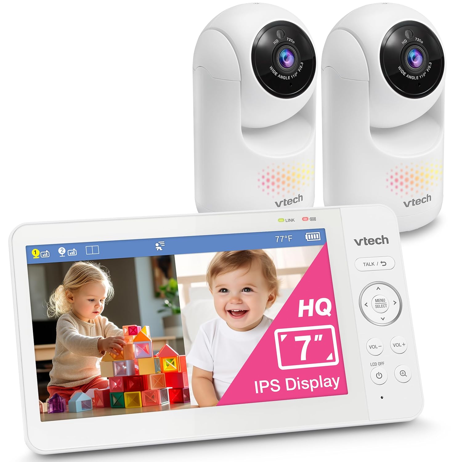 VTech Advanced HQ Max Twin 7" Digital Video 2-Cameras Baby Monitor with Pan Tilt Zoom, Long Battery