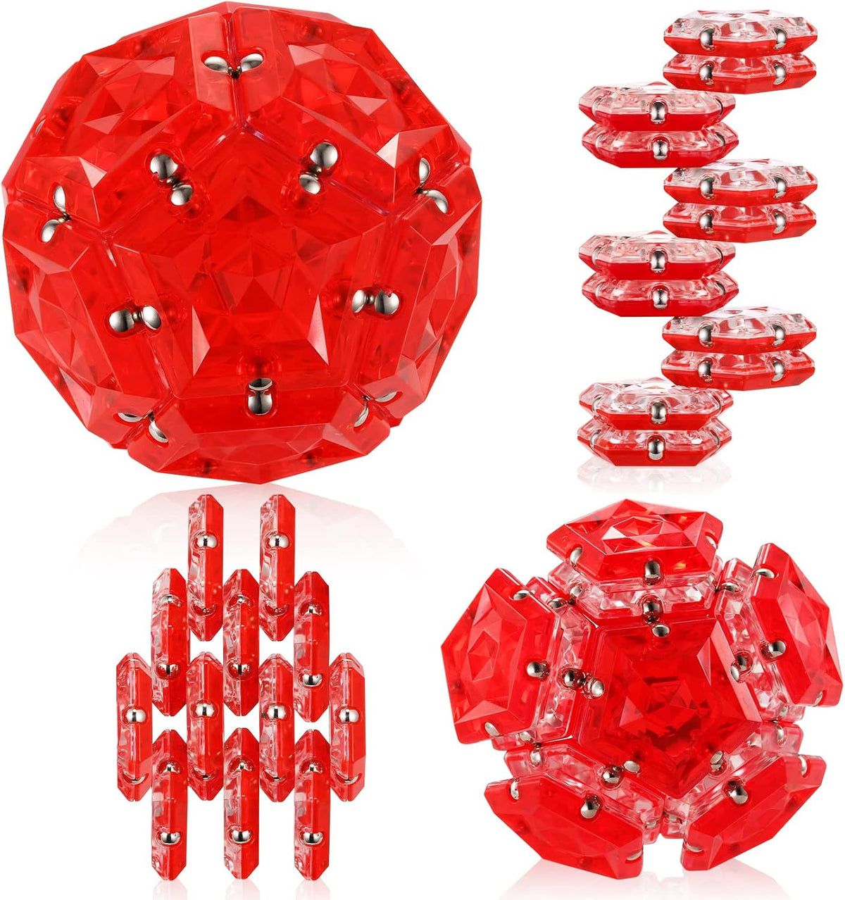 RoomyRoc Magnetic Fidget Sphere - Pentagons Magnets Balls - 12 Piece Set - Crystal Red - Magnet