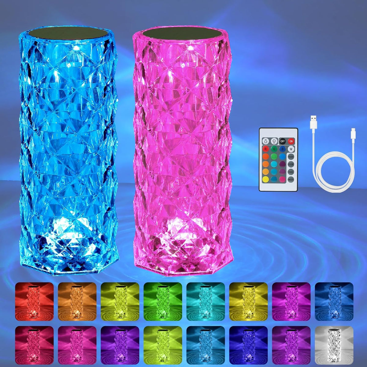 VoMii 2 Pack Crystal Lamp Touch, RGB 16 Colors Changing Night Light, Rechargeable Crystal Table