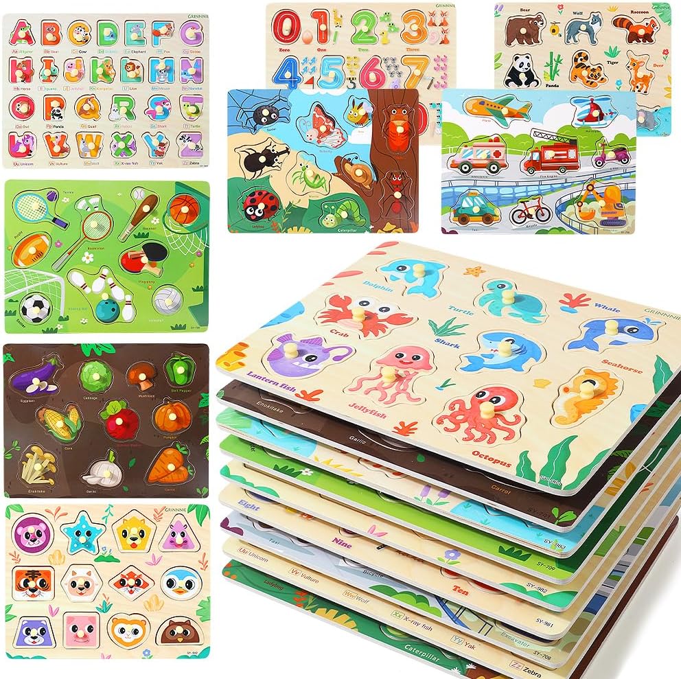 GRINNNIE 9 Pack Montessori Toddler Puzzle for 3 4 5 Years Old, Wooden Learning Puzzle for Toddlers