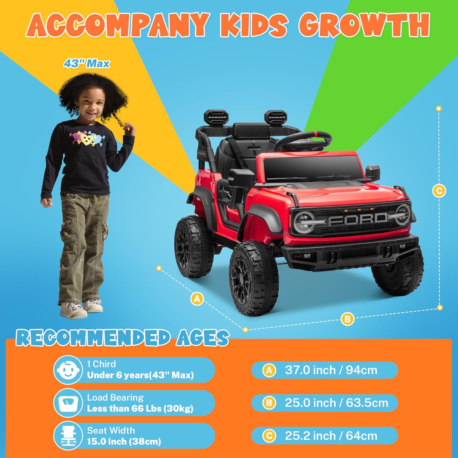 ENYOPRO 12V Kids Ride On Car with Remote Mode, Licensed Ford Bronco Raptor Electric Car for